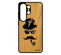 Coque Bois pour Galaxy S26 Ultra Silicone Moustache Noir Charlie Chaplin Homme Etui Monsieur Pipe Chapeau Melon Peinture TPU Art pour Samsung