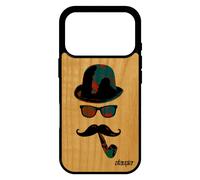Coque Bois Pour Iphone 17 Pro Silicone Portrait De Protection Homme Vintage Moustache Bleu Housse Tag Peinture Pipe Chapeau Melon