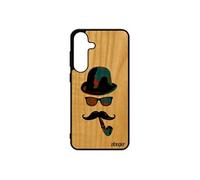 Coque bois pour pour Samsung galaxy S25+ Plus silicone portrait homme original monsieur vintage bleu peinture moustache chapeau melon de