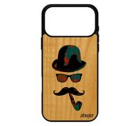 Coque Bois Silicone Portrait Pour Iphone 17 Pro Max Vintage Case Peinture Monsieur Homme Bumper Moustache Pipe Chapeau Melon Tag De