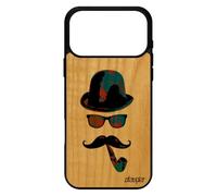 Coque Bois Silicone Portrait pour iPhone 17 Pro Max Vintage Case Peinture Monsieur Homme Bumper Moustache Pipe Chapeau Melon tag de