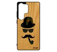 Coque Bois Silicone Pour Samsung S25 Ultra Homme Moustache Art Mobile Chapeau Melon Monsieur Vert Street Art Pipe Made In France Pour Galaxy