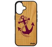 Coque bois veritable pour Apple iPhone 16 silicone ancre dessin marine femme Violet corde noeud etui marinière solide noir fantaisie