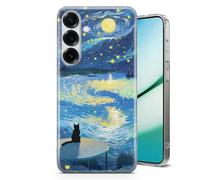 Coque Chat Noir Mème Van Gogh pour Samsung Galaxy Ultra,26,25,24,23,22,17,56,36,A,S,FE Series | Étui Transparent Anti-Choc TPU | Nuit Étoilée