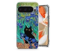 Coque Chat Noir Van Gogh pour Google Pixel 6,7,8,9,10,a,Pro Series - Étui Transparent Anti-Choc TPU Protection - Lys