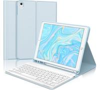 Coque Clavier pour iPad 10.2 9eme/8eme/7eme Generation, AZERTY Français Clavier Magnétique Amovible Bluetooth sans Fil, Bleu Ciel