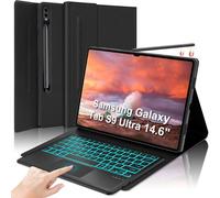 Coque Clavier pour Samsung Tab S10 Ultra/S9 Ultra 14,6 Pouces - Trackpad Clavier Rétroéclairé 7 Couleurs (AZERTY Français) Noir