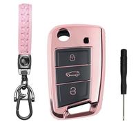 Coque e Voiture 3 Boutons avec VW Golf 7 VW Polo MK7 Seat Leon Skoda | Coque de Protection avec VW Golf 7 Tiguan Seat Leon Skoda Octavia Fabia Télécommande Housse Protège Clef de Voiture - Rose