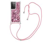 Coque Collier pour Samsung Galaxy S21 Ultra, CaseLover Ultra Mince Liquide Paillette Silicone TPU Housse Étui de Téléphone avec Cordon Collier Tour de Cou Lanière pour Coque S21 Ultra 5G, Roses Rouges
