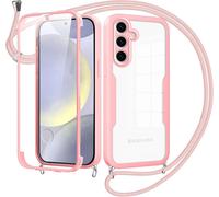 Coque Collier Samsung Galaxy S24 ¿ Étui 360° Transparent 2 Couches Antichoc Avec Protection D'écran Intégrée Et Cordon Réglable 1,5 M ¿ Rose