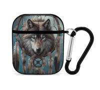 Coque compatible avec AirPods 2 et 1, 3D Wolf Dream Catcherprinted PC Hard Shell Housse de protection antichoc pour Apple AirPods 2 et 1 avec porte-clés support de chargement sans fil