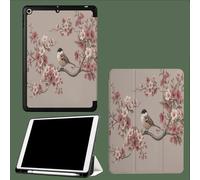 Coque Compatible avec iPad 10e génération 10,9 Pouces 2022 avec Porte-stylos, Support Fin avec Coque arrière Doux avec Auto réveillé/Sommeil Fleurs Pêcher Oiseaux Chinois Plante-Gris