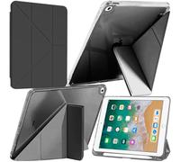 Coque Compatible avec iPad 9,7 Pouces (6ème/5ème Génération, 2018/2017)/iPad Air 2/Air 1 avec Porte-Pencil, Transparente Antichoc, Support Pliable 6 en 1, Réveil/Sommeil Auto, Noir