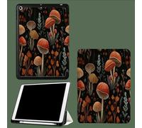 Coque Compatible avec iPad 9e/8e/7e Génération 10.2 Pouces (2021/2020/2019) - [Rangement de Pencil], Réveil/Veille Automatique Champignon Dessin Animé Fougères Plantes-Noir