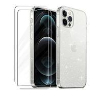 Coque Compatible avec iPhone 12 Pro Max, 2 Pièces Verre Trempé Protection Écran, Clair Housse à Glitter en Mince Silicone Souple Étui Antichoc Case Transparente Cover