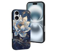 Coque compatible avec iPhone 16 - Coque en silicone souple bleu doré Dream Lotus compatible avec iPhone 16, coque de téléphone pour homme et femme