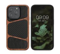 kalibri Coque Compatible avec Apple iPhone 15 Pro Coque - Housse en TPU Bois Similicuir et Texture Carbone Compatible avec MagSafe - Brun foncé-Noir