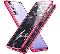 Coque Compatible avec Samsung Galaxy S21 FE,Etui de Magnétique Adsorption Housse et Métal Bumper Frame Transparent Verre Trempé Case 360 Degrés Protection Cover,Etui Anti-Rayures HD Clair,Rouge