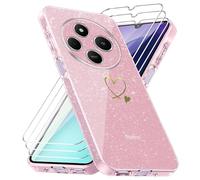 Coque Compatible avec Xiaomi Redmi 14C/ Poco C75 / Redmi A4 5G, 3 Pièces Protection Écran en Verre Trempé, Housse Souple et Anti-Rayures, Étui Anti Empreintes et Paillettes - Rose