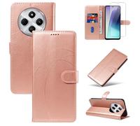 Coque Compatible avec Xiaomi Redmi 14C / Poco C75 / Redmi A4 5G avec 1 Pièce Protection Écran en Verre Trempé, Housse PU Cuir à Rabat Flip, Étui Support et Portefeuille Fonction (Or Rose)