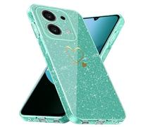 Coque Compatible avec Xiaomi Redmi 15C 4G/ 5G / Poco C85, 3 Pièces Protection Écran en Verre Trempé, Housse Souple et Anti-Rayures, Étui Anti Empreintes et Paillettes - Vert