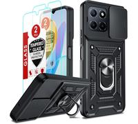 Coque Compatible Honor X8/X6/70 Lite - Bumper Magnétique Antichoc 360° Avec Cache Caméra Coulissant, 2 Verres Trempés, Anneau Support, Compatible Recharge Sans Fil - Noir