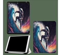 Coque Compatible iPad Pro 12,9 Pouces 6/5/4 ème Gén (Modèle 2022/2021/2020) avec Porte-Stylo, Coque Arrière Flexible en TPU avec Fonction Support Vague Énorme Abstraite Astronaute-Noir