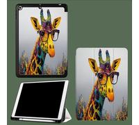 Coque Compatible iPad Pro 12,9 Pouces 6/5/4ème Gén(Modèle 2022/2021/2020) avec Porte-Stylo,Coque Arrière Flexible en TPU avec Fonction Support Lunettes Colorées Girafe Mignon Drôle Animaux-Gris Foncé