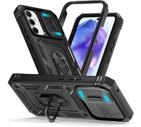 Coque Compatible Samsung Galaxy A55 5g - Armure Pc+Tpu Antichoc Avec Protection Caméra Coulissante, Anneau Rotatif 360° Et Plaque Magnétique Pour Support Voiture - Noir