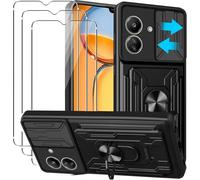 Coque Compatible Xiaomi Redmi 13c 4g / Poco C65 - Bumper Antichoc Renforcé, 3 Verres Trempés Inclus, Cache Caméra Coulissant, Anneau Rotatif 360° Support Magnétique Et Fente Carte, Noir