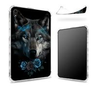 Coque conçue pour iPad Mini 6 8,3" 2021 Mini 6e génération, dos transparent avec rose bleu loup, protection des coins en TPU souple, protection antichoc