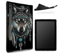 Coque conçue pour Samsung Galaxy Tab S8 Plus 2022 / S7 FE 2021 / S7 Plus 2020 12,5", dos en caoutchouc TPU mat avec attrape-rêves loup, coque fine en silicone souple avec porte-stylo S