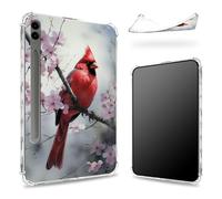 Coque conçue pour Samsung Galaxy Tab S9 FE Plus 5G 12,4" 2023 avec porte-stylo S, dos transparent avec oiseaux rouges et fleurs Sakura, coque antichoc fine en TPU souple