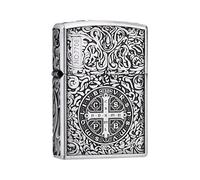 Coque de briquet en bronze à kérosène compatible avec Zipo, motif croix religieuse ornée, étui uniquement sans insert (argenté)