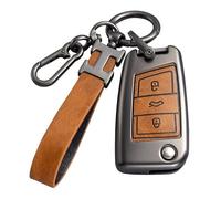Coque de clé de voiture pour VW Golf 7 en alliage de zinc 3 boutons compatible avec MK7 Polo T-ROC Tiguan Skoda Superb Octavia Seat Leon Ibiza Porte-clés marron avec porte-clés en cuir