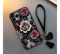Coque de protection anti-chute épaisse et perforée avec motif floral et dragonne amovible en cuir, compatible avec iPhone 17Pro/17Air/17/17ProMax/16/11/16Pro/16Plus/16ProMax/16E/15ProMax/13/14/12/XS/X