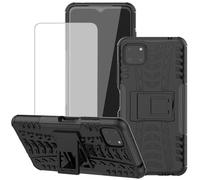 Coque de Protection Antichoc avec Film de Protection d'Écran en Verre Trempé pour Samsung Galaxy A22 5G, Béquille, Lot de 2, Noir