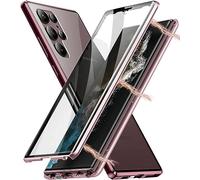 Coque de protection complète pour Samsung Galaxy S22 Ultra 5G, avec pare-chocs magnétique en métal, corps complet à 360 °, avant arrière en verre trempé, en une seule pièce, fine, bordeaux