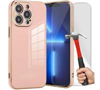 Coque de Protection - E.F.CONNECTION - pour iPhone 13 Pro - Rose - Bordure Or - Pack 2 Verres Trempés