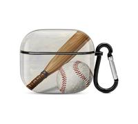 Coque de protection intégrale contre les chocs avec battes de baseball et balle de baseball dessinées à la main - Coque rigide avec porte-clés - Cadeau personnalisé pour AirPods 3