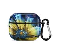 Coque de protection intégrale pour écouteurs Bluetooth à fleurs bleues et jaunes - Coque rigide résistante aux chocs - Prend en charge le chargement sans fil avec porte-clés - Cadeau personnalisé pour