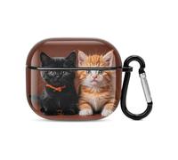 Coque de protection intégrale pour écouteurs Bluetooth avec motif chaton noir et orange - Coque de protection intégrale antichoc - Chargement sans fil - Avec porte-clés - Cadeau personnalisé pour