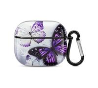 Coque de protection intégrale pour écouteurs Bluetooth avec motif papillons blancs et violets - Coque rigide résistante aux chocs - Prend en charge le chargement sans fil avec porte-clés - Cadeau