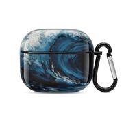 Coque de protection intégrale pour écouteurs Bluetooth Motif vague bleue - Protection intégrale contre les chocs - Coque rigide avec chargeur sans fil avec porte-clés - Cadeau personnalisé pour