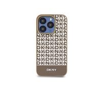 DKNY Coque iPhone 15 Pro Max – Cuir imprimé, logo métal, MagSafe – Marron