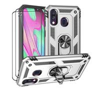 Coque de protection pour Samsung Galaxy A40 avec 2 films de protection d'écran, Galaxy A40 avec anneau support à 360° - Militaire A40 4G - Argent