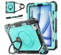 Coque de protection robuste compatible avec iPad Pro 11 2018/2020/2021/2022, coque robuste antichoc avec béquille rotative, poignée et bandoulière. Noir + vert menthe