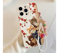 Coque de téléphone anti-chute avec peinture fleur & chaton perforée couleur riz, bracelet fraise en cristal, style minimaliste mode créatif, compatible avec Ip 17/Ip 17pro/Ip 17promax/ IP16/11/16pro/1
