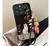 Coque de téléphone anti-chute créative et minimaliste avec peinture de chat mignon, perforée, noire, avec fleur à cinq pétales et corde, compatible avec Ip 17/Ip 17pro/Ip 17promax/ IP16/11/16pro/16plu