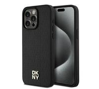 DKNY Étui rigide iPhone 15 Pro Max 6,7" Noir Motif Monogramme Cuir Logo Métal MagSafe